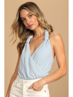 Style Select Light Blue Crinkled Tie-Back Surplice Bodysuit