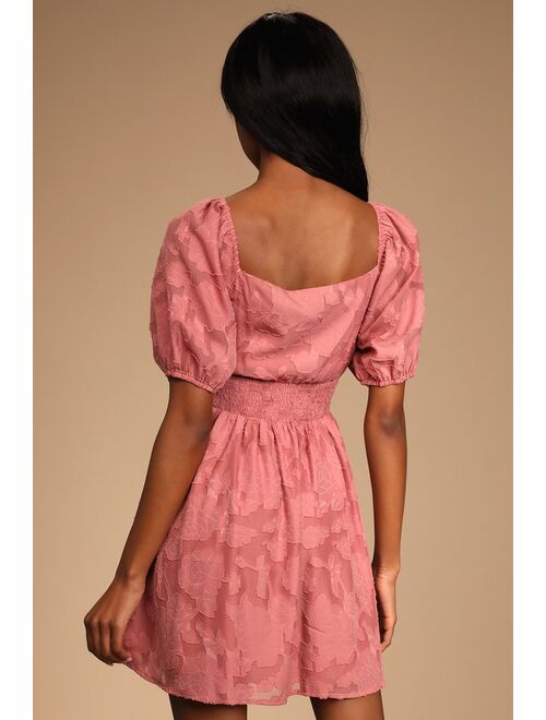 Lulus Embracing the Season Mauve Floral Burnout Puff Sleeve Mini Dress