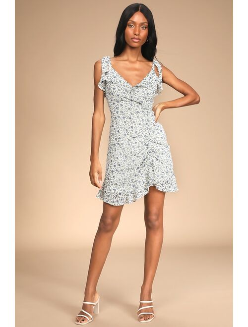 Lulus Flourishing Blooms White Floral Tie-Strap Ruched Mini Dress