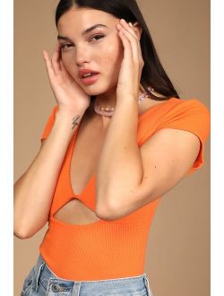 So Sunny Bright Orange Ribbed Cutout Short Sleeve Bodysuit