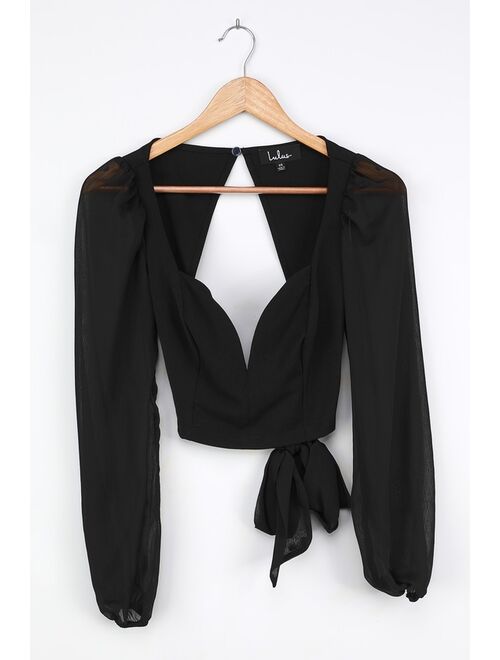 Lulus Say it Again Black Tie-Back Long Sleeve Crop Top