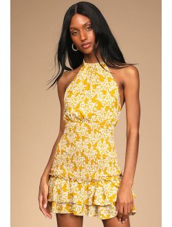 Budding Palette Yellow Floral Print Smocked Halter Mini Dress