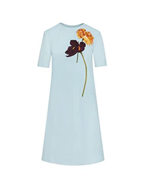 Oscar de la Renta Short Sleeve Floral Embroidered Dress