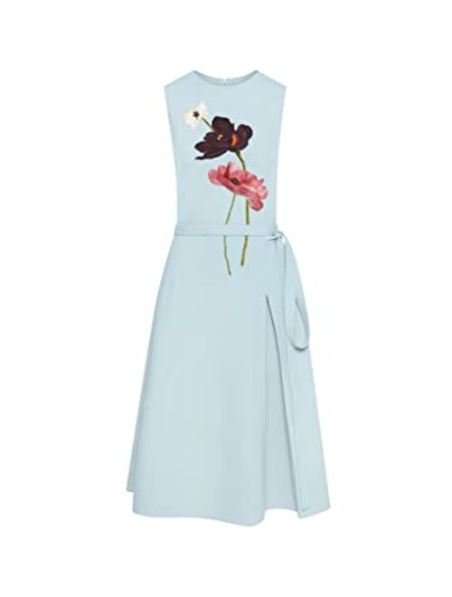 Oscar de la Renta Floral Embroidered Side Pleat Dress