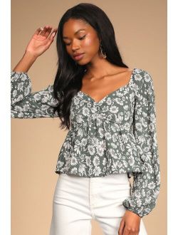 Let Your Love Blossom Sage Floral Print Long Sleeve Top