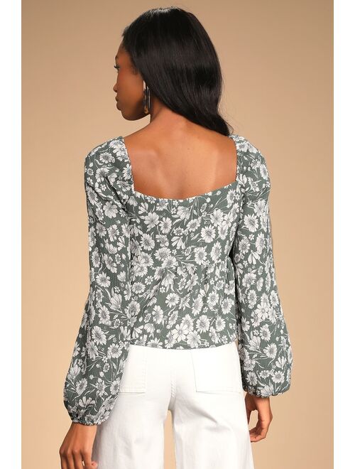 Lulus Let Your Love Blossom Sage Floral Print Long Sleeve Top
