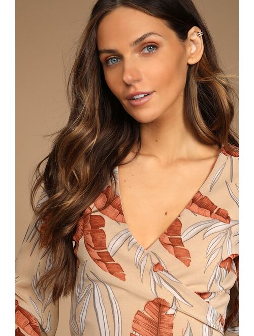 Lulus Touring the Tropics Tan Tropical Print Long Sleeve Wrap Crop Top