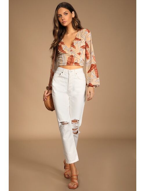 Lulus Touring the Tropics Tan Tropical Print Long Sleeve Wrap Crop Top