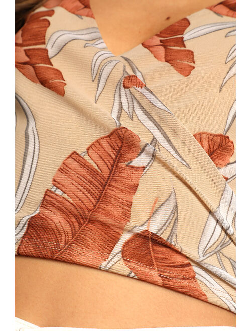 Lulus Touring the Tropics Tan Tropical Print Long Sleeve Wrap Crop Top