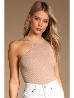 On Your Good Side Beige Ribbed Knit Asymmetrical Bodysuit