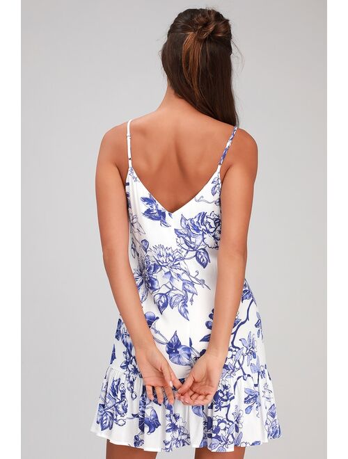 Lulus Garden Bloom Blue and White Floral Print Ruffled Shift Dress