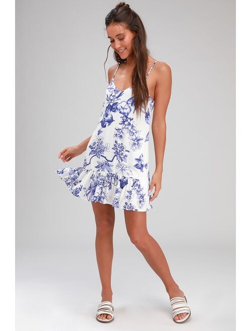 Lulus Garden Bloom Blue and White Floral Print Ruffled Shift Dress