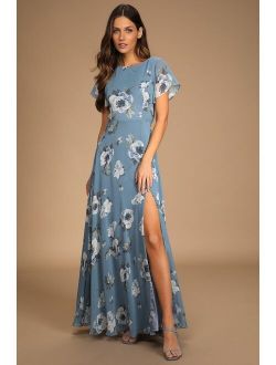 Classic Love Slate Blue Floral Print Tie-Back Maxi Dress