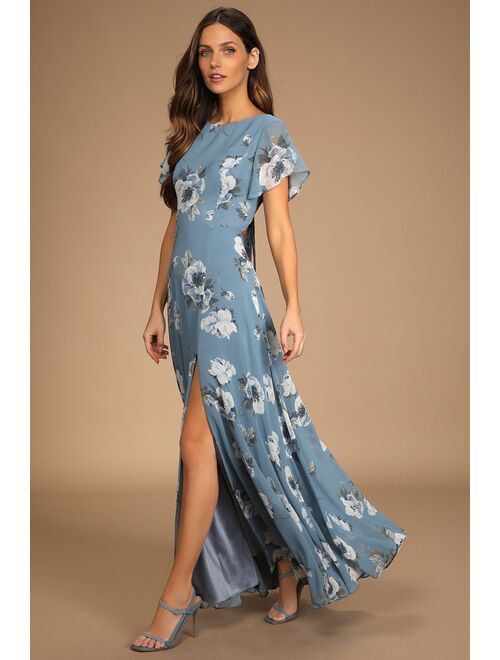 Lulus Classic Love Slate Blue Floral Print Tie-Back Maxi Dress
