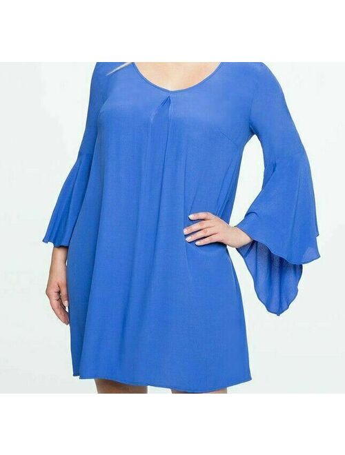 ELOQUII Elements Eloquii V Neck Flare Sleeve Shift Dress Womens 14 Blue Long Sleeve Boho N90-14P