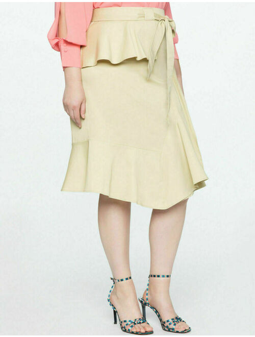 ELOQUII Elements Eloquii Womens Flare Peplum Skirt Plus Sz 14 Khaki Tan Ruffle Tie Waist NWT N6