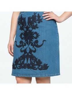 Eloquii 20 Pencil Skirt Denim Jean Embroidered Knee Dark Wash Womens NWT N55