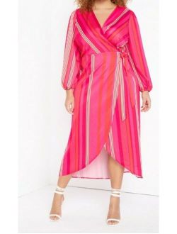 NWT Eloquii Pink Striped Maxi Wrap High Low Long Sleeve Dress Size 20