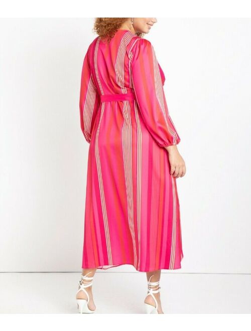 ELOQUII Elements NWT Eloquii Pink Striped Maxi Wrap High Low Long Sleeve Dress Size 20