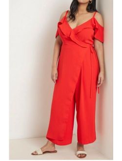 NWT Eloquii Red Cold Shoulder Wide Leg Ruffle Wrap Jumper Pantsuit Size 22