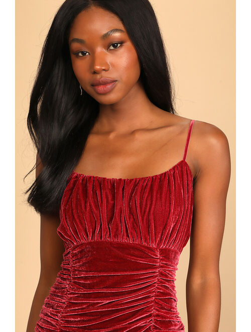 Lulus Happy Ours Berry Red Velvet Ruched Bodycon Mini Dress