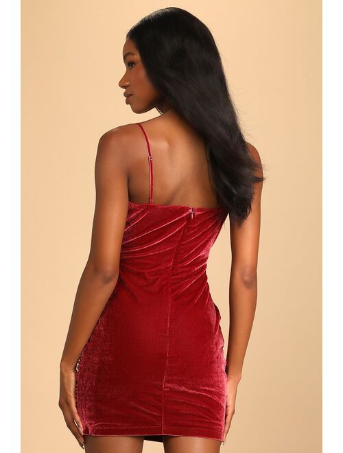 Lulus Happy Ours Berry Red Velvet Ruched Bodycon Mini Dress
