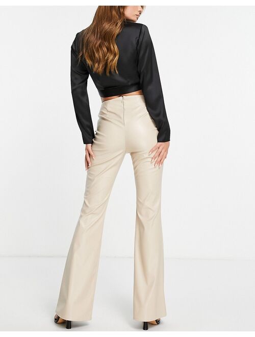 ASOS DESIGN v front leather look flare pants with corset detail in sand