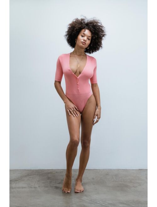 Live The Process Deep-V Button-Front Bodysuit