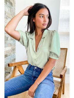 Sweet and Chic Sage Green Satin Button-Up Short Sleeve Top