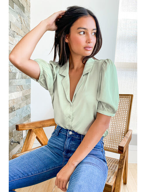 Lulus Sweet and Chic Sage Green Satin Button-Up Short Sleeve Top