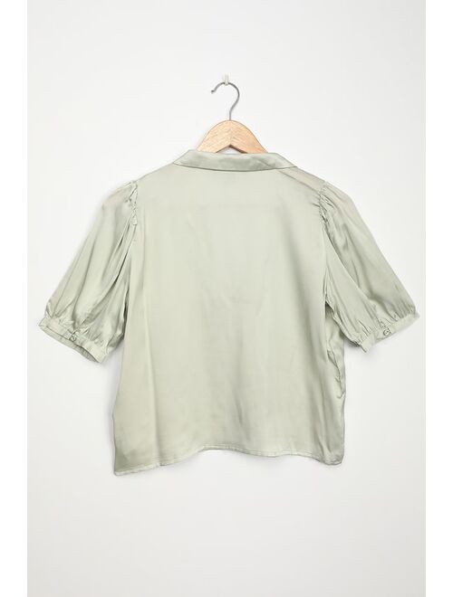 Lulus Sweet and Chic Sage Green Satin Button-Up Short Sleeve Top