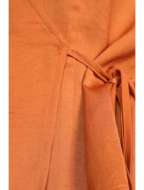 Lulus Always Amazing Orange Satin Long Sleeve Wrap Top