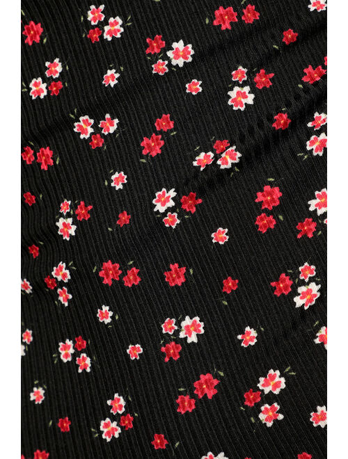 Lulus Bloom for You Black Floral Print Ribbed Crossback Bodysuit