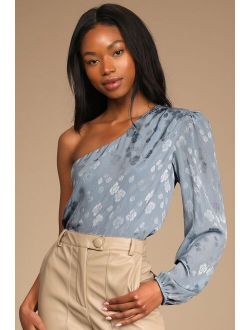 Stay Lovely Dusty Blue Floral Jacquard Satin One-Shoulder Top