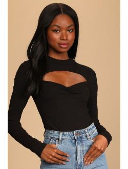 Flirty Factor Black Ribbed Long Sleeve Cutout Bodysuit