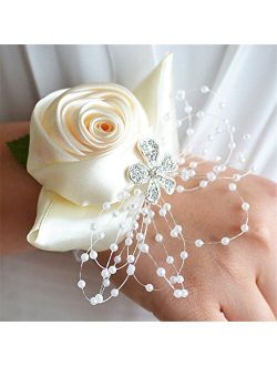 MOJUN Bridal Bridesmaid Wedding Wrist Corsage Hand Flower for Wedding, Party, Prom, Pack of 6, Cream