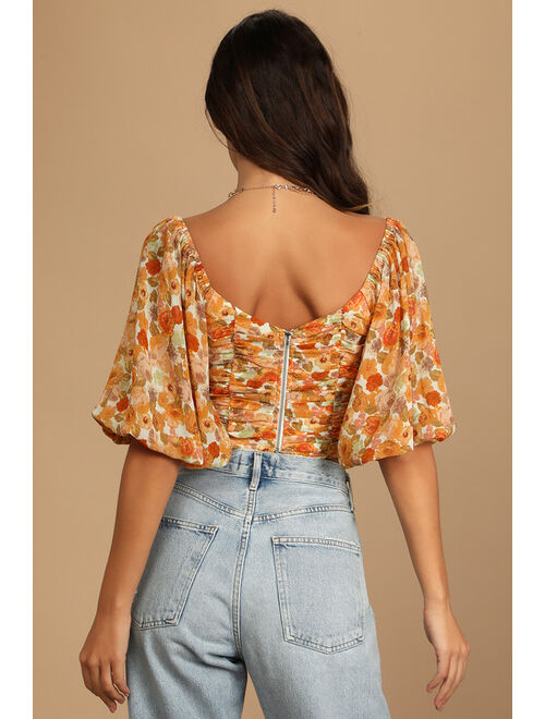 Lulus Irresistible Beauty Orange Floral Print Puff Sleeve Crop Top