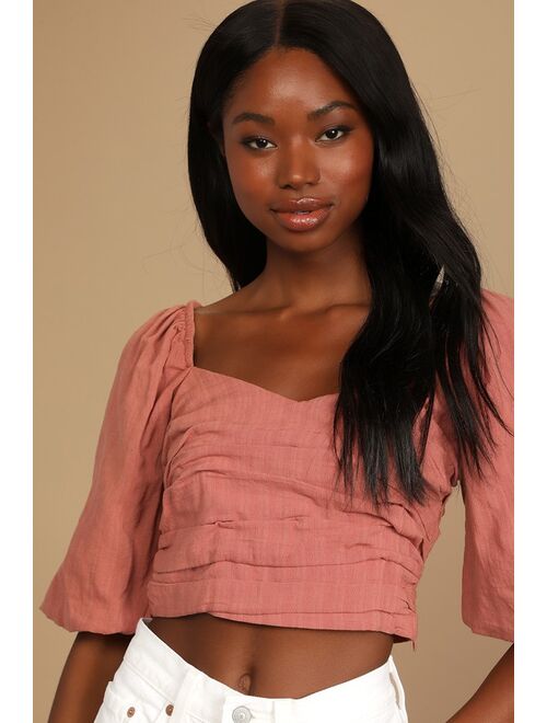 Lulus Take on the Trend Terra Cotta Pleated Puff Sleeve Crop Top