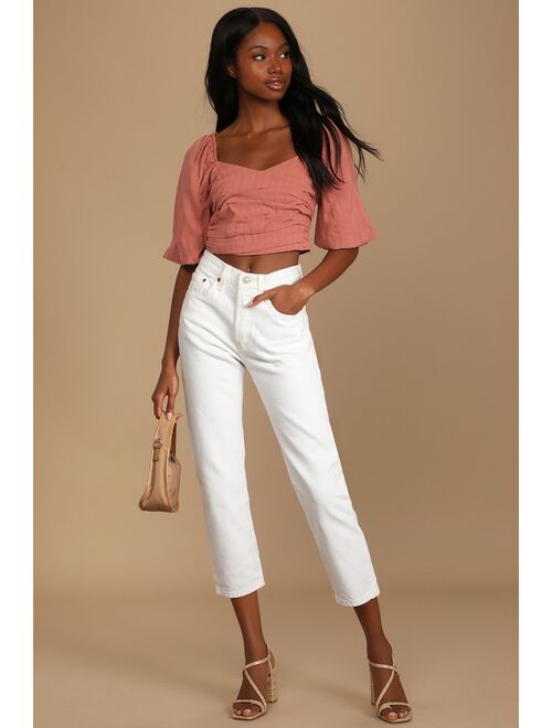 Lulus Take on the Trend Terra Cotta Pleated Puff Sleeve Crop Top