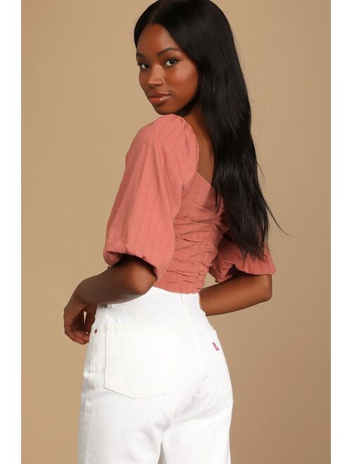 Lulus Take on the Trend Terra Cotta Pleated Puff Sleeve Crop Top