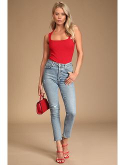 Feels Like Fate Red Ribbed Sleeveless Square Neck Bodysuit