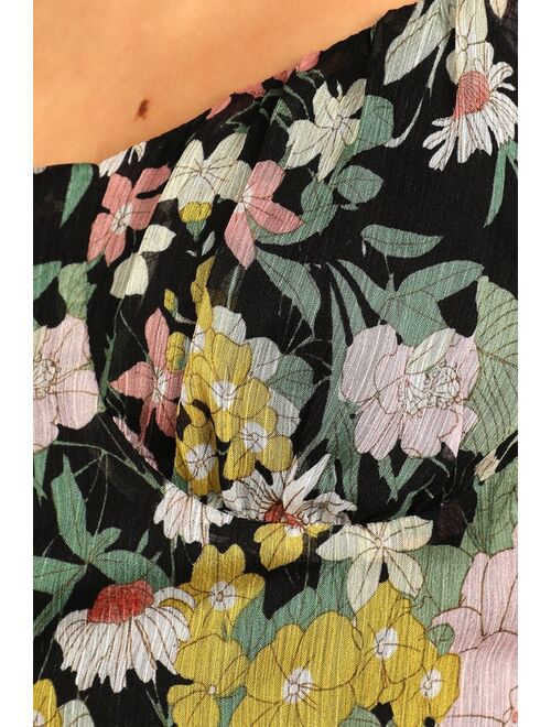 Lulus Here to Bloom Black Floral Print Tie-Strap Crop Top