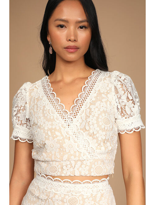 Lulus Always With Grace White Lace Surplice Puff Sleeve Crop Top