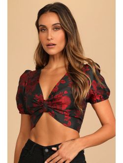 Make Some Blooms Black Floral Jacquard Knot-Front Crop Top