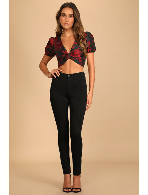 Lulus Make Some Blooms Black Floral Jacquard Knot-Front Crop Top
