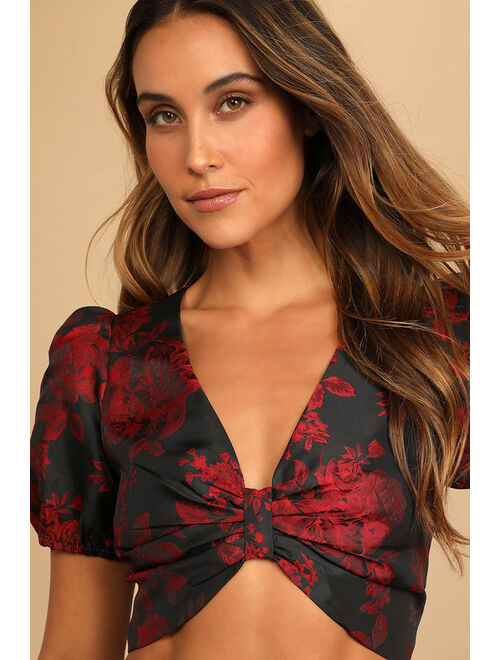 Lulus Make Some Blooms Black Floral Jacquard Knot-Front Crop Top