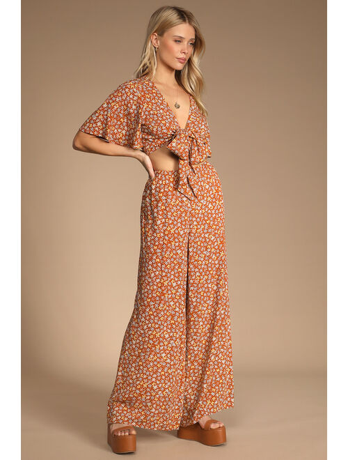 Lulus Groovy Days Rust Floral Print Tie-Front Two-Piece Jumpsuit