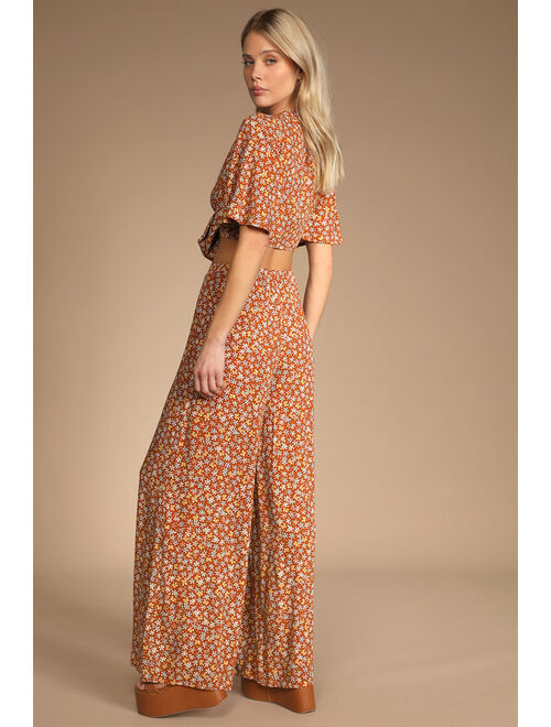 Lulus Groovy Days Rust Floral Print Tie-Front Two-Piece Jumpsuit