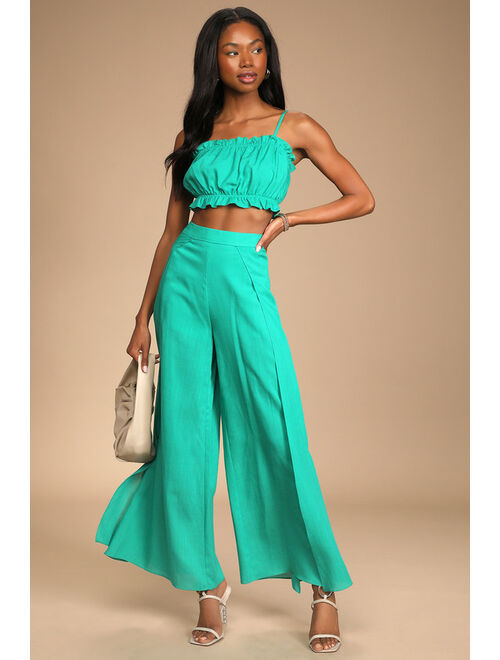 Lulus Postcards From Me Turquoise Ruffled Two-Piece Jumpsuit
