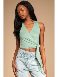 Made Your Impression Sage Green Ribbed Sleeveless Wrap Top